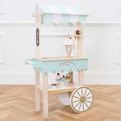 Le Toy Van Ice Cream Trolley a gorgeous classically styled wooden ice-cream cart with striped fabric canopy, that would be a fabulous addition to any playroom.