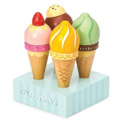Le Toy Van Ice Creams Set is beautifully made and decorated with four, hand painted, ice-cream cones made out of solid rubber wood, complete with a wooden holder base.