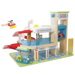 Le Grand Garage, a wonderful 3 story wooden toy garage by Le Toy Van with 2 spiral ramps and a working lift, plus a helipad, this impressive set also comes complete with a car, helicopter and petrol pump