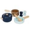 Le Toy Van Pots & Pans will help your budding Chef cook up a feast with this sweet toy which comprises a casserole pot with lid, saucepan, frying pan, wooden spoon, spatula and salt & pepper.