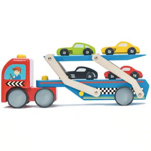Le Toy Van Race Car Transporter is a beautiful wooden retro car transporter, complete with 4 racing cars and a top ramp that can be lowered for cars to load