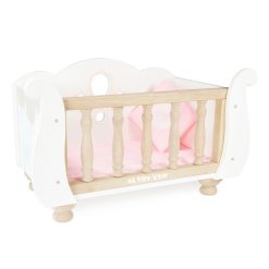 Le Toy Van Sleigh Doll Cotbed, a beautifully crafted dolls cot inspired by traditional design, with a lift off side feature, perfectly sized for dolls and soft toy friends up to 30cm approx.