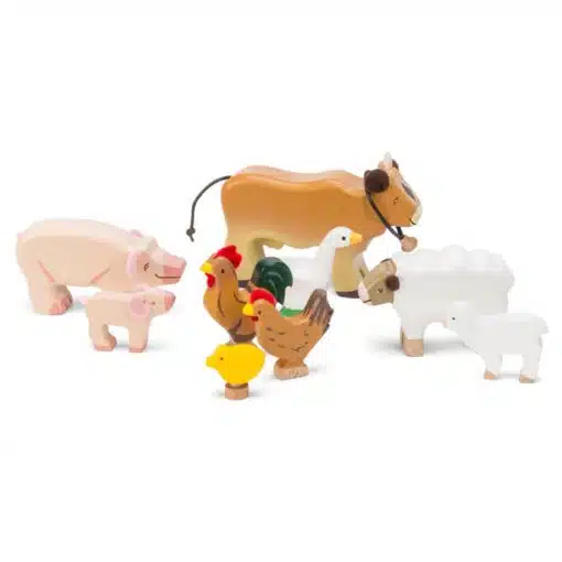 Le Toy Van Sunny Farm Animals are a beautiful set of hand-painted wooden farm animals, a goose, cow, pig, piglet, sheep, lamb, rooster, hen and chick
