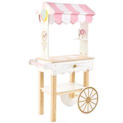 Le Toy Van Tea Time Trolley, a classic barrow style tea trolley with two wheels and handle, decorated with unique artwork, including delightfully illustrated drinks and cakes menus on both side panels.