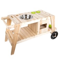 Legler Mud Kitchen is made from weather-resistant wood and is playable from all four sides, offering space to multiple children for creative playtime.
