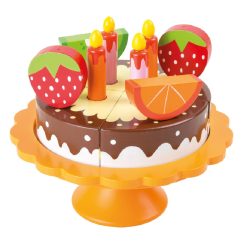 Chocolate Surprise Birthday Cake, a delicious-looking colourful wooden cake that would look great at any dolls picnic, with 4 candles and fruit toppings