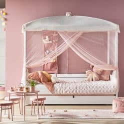 Lifetime Four Poster Canopy Bed Butterflies, an enchanting 4 Poster Kids Bed with the most beautiful pink and white Canopy adorned with fabric Butterflies and tassels.