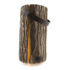 Lifetime Wood Light a beautiful handmade unique, children's light made of sustainable preserved natural wood trunks, inspired by nature, with leather handle
