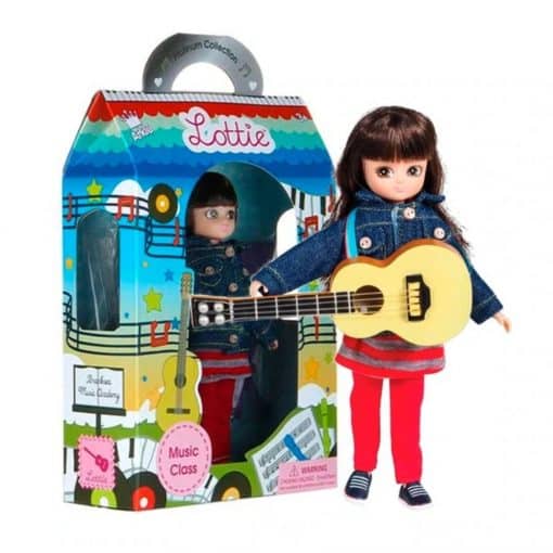Lottie Doll Music Class is a cute portable Doll, that comes dressed in a denim jacket, striped dress, red leggings & sneakers