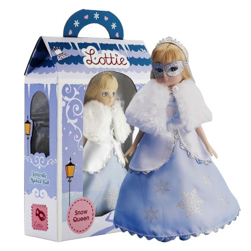 Lottie Doll Snow Queen wears a silver, sparkly mask and a magnificent ice blue and frosty white gown studded with silver snowflakes