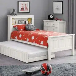 Maine Bookcase Bed in Surf White is a New England Styled, Kids Bed featuring a high headboard with an integrated shelf