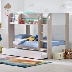 Mars Bunk Bed & Trundle in a contemporary Taupe finish, is a wonderful kids bed complete with built in shelving, easy to use ladder and an underbed, that sleeps up to three children.