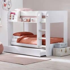 Mars Bunk Bed & Trundle in White, a beautifully designed contemporary kids bed complete with built in shelving and an underbed.