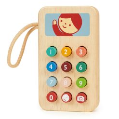 Mentari Toys Mobile Phone, a sustainable wooden toy with 12 squishy coloured buttons to press and an illustrated picture, it also comes with a cord handle