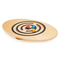 Mentari Toys Wobble Board is a wooden balancing board with 3 coloured balls that kids have to manipulate within a circular maze