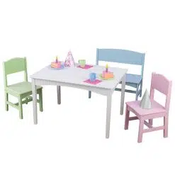 Kidkraft Nantucket Table Bench and 2 Chairs is a perfectly kid-sized set that will be the centerpiece of any fun, creative space.