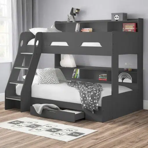 Orion Triple Sleeper is a contemporary Bunk Bed that is a great combination of style and practicality, complete with a handy pull-out drawer and extensive shelving for kids' books and toys,