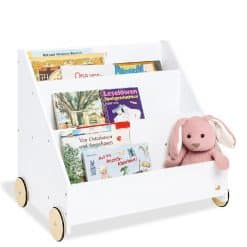 Pinolino Childrens Book Storage With Wheels comes with 3 tiered compartments, 1 secret compartment and 4 rubberized wooden wheels.
