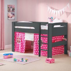 Pluto Mid-sleeper Anthracite with its pretty Pink Stars Tent is fun, functional and would be an inspiring and vibrant play space for kids to play and rest.