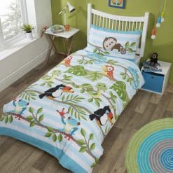 Rainforest Single Duvet Cover and Pillowcase Set is a wonderful kids bedding set featuring a vibrant forest scene with a collection of cute animals and birds.