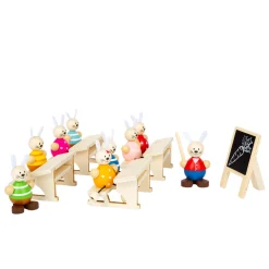 This Small Foot Rabbits School Play Set, features eight cute, bunnies, made of FSC® 100%-certified wood in a school setting.