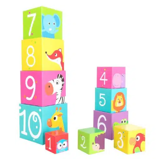 Smallfoot Stacking Cubes Wild Animals, features 10 stacking cubes made of stable, lightweight cardboard are printed with funny animals and numbers