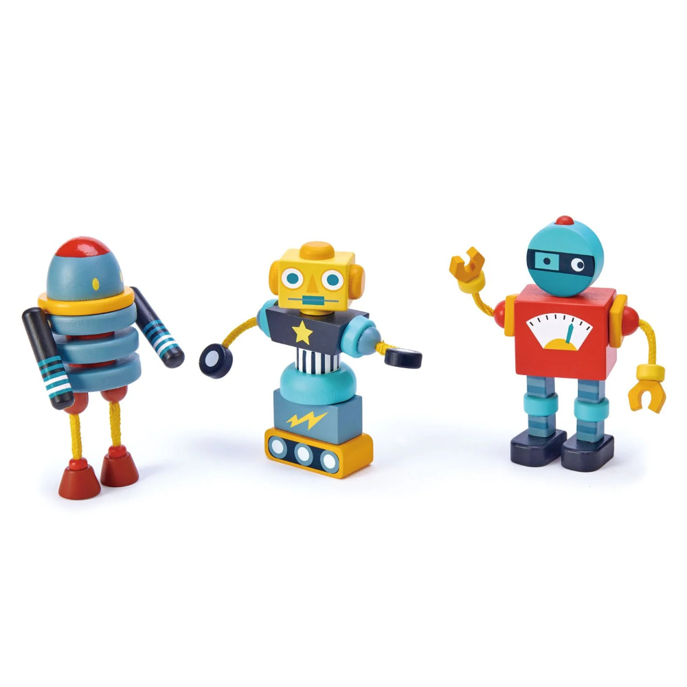 Tender Leaf Robot Construction 17 Piece Play Set includes three brightly coloured, retro-style robots made from solid rubberwood.