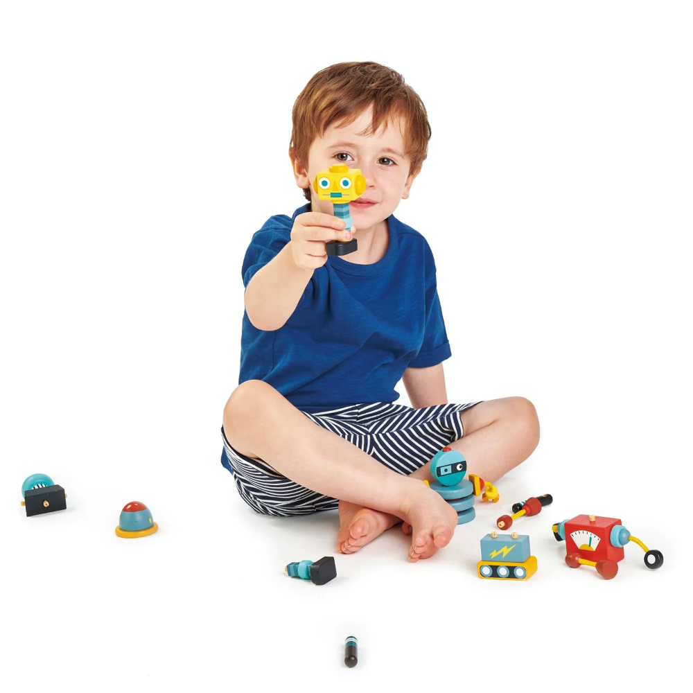Tender Leaf Robot Construction 17 Piece Play Set includes three brightly coloured, retro-style robots made from solid rubberwood.