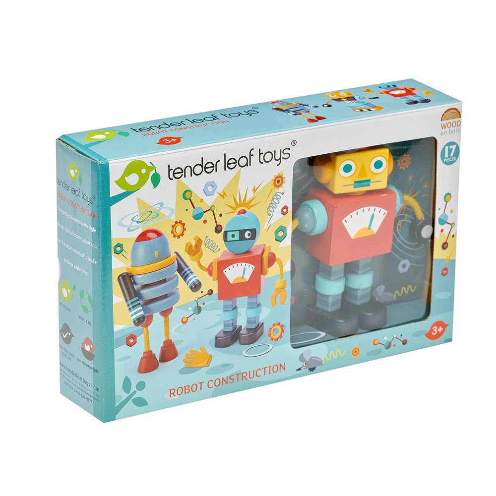 Tender Leaf Robot Construction 17 Piece Play Set includes three brightly coloured, retro-style robots made from solid rubberwood.