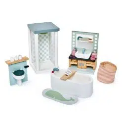 Tenderleaf Toys Bathroom Set is a stylish bathroom set, decorated in soft contemporary colours, and is ideal for creative play and inspiring imagination