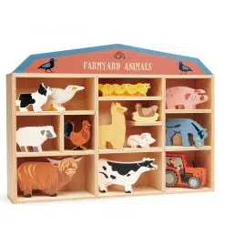Tenderleaf Toys 13 Farmyard Animals & Shelf is a wonderful wooden playset for small hands, this collection of gorgeous farmyard animals
