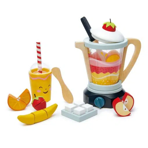 Tenderleaf Toys Fruity Blender, is a wooden pretend play set, ideal for a smoothie stall with beaker, stripy straw, and wooden stirrer.