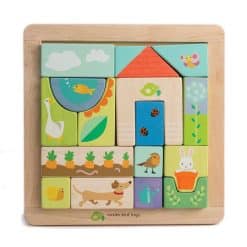 Tenderleaf Toys Garden Patch Puzzle features 16 pieces of double sided, warm colored and garden themed wooden blocks set in a lovely wooden tray.