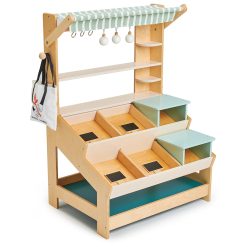 Tenderleaf Toys General Stores is a wooden market stall with shelves and two inter-changeable mini platforms, complete with Canopy
