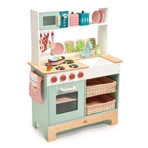 Tenderleaf Toys Kitchen Range is a beautifully designed wooden play kitchen, complete with accessories and wicker basket drawers