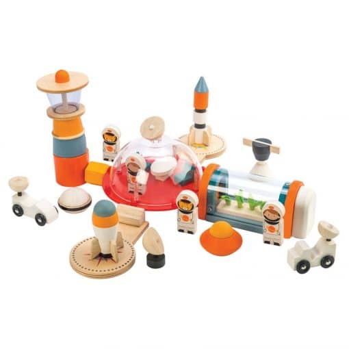 Tenderleaf Toys Life on Mars is a 16 piece space station wooden toy playset, that will be a hit with little space mad astronauts.