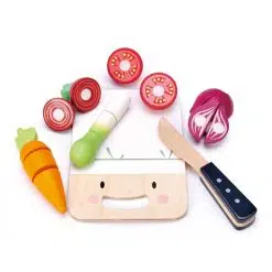 Tenderleaf Toys Mini Chef Chopping Board is a cute little wooden chopping board in the shape of a little chef, includes accessories