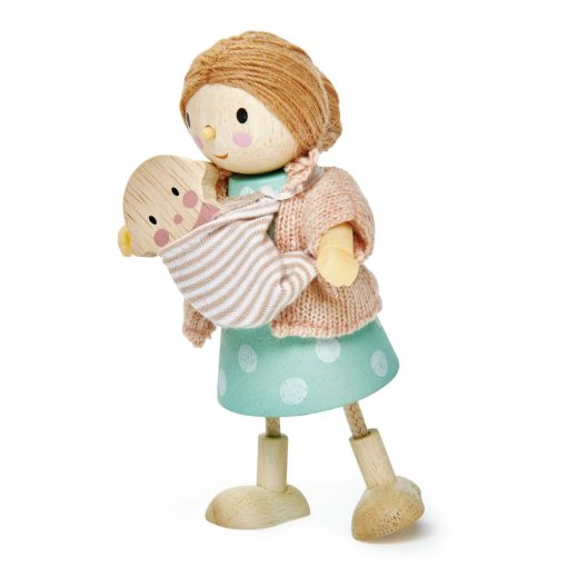 Tenderleaf Toys Mrs Goodwood and the Baby is a gorgeous solid wood mummy doll with bendy arms and legs. Mum is wearing a cosy knitted cardigan and a cosy striped baby sling to carry baby in.