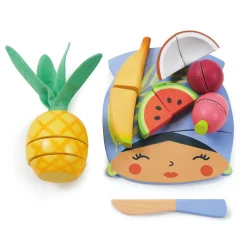 This Tender Leaf Toys Tropical Fruit Chopping Board is an exotic wooden cutting board with lots of fruity play food to chop up.