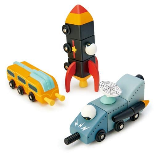 Tenderleaf Toys Wooden Space Race play set includes three futuristic space vehicles made from three separate parts so they can be deconstructed and reconstructed however your little one sees fit,