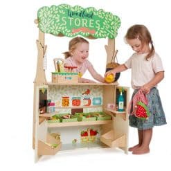 Tenderleaf Woodland Stores and Theatre features a beautiful wooden shop on one side and theatre on the other. This space saving pretend play toy is ideal for shared role play games and will happily accommodate 2 children on either side.