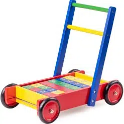 Tidlo Baby Walker With ABC Blocks is a beautiful wooden baby walker with colourful letter and number blocks