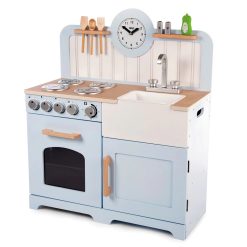 Tidlo Country Play Kitchen in Blue is a realistic wooden kids kitchen featuring an oven and hob with clicking dials, a storage cupboard, a Belfast sink, utensil shelves and a clock with moveable hands, to ensure dinner is served on time!