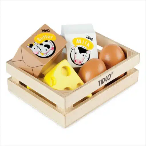 Tidlo Eggs & Dairy Set delightful play food set includes two eggs, two cheese triangles, butter and milk. Suitable for 3 years+
