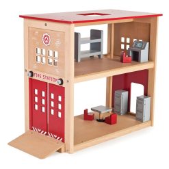 Tidlo Fire Station features a firefighters pole, a sloping ramp and swing open doors, two lockers, a table, three chairs, a dispatch desk and bunk bed.