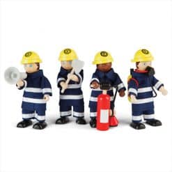 Tidlo Firefighters Set, four delightful posable figures are ready to race to the rescue. Includes an axe, megaphone, fire extinguisher, breathing equipment.