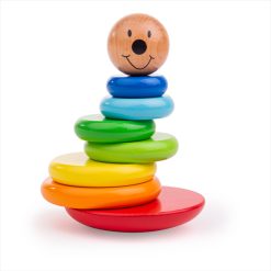 Tidlo Magnetic Wobbly Stacker, a brightly coloured wooden toy stacker with a friendly faced character, made up of six different  coloured magnetic plates