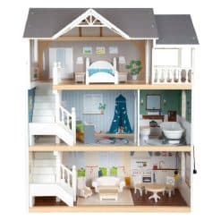 Urban Villa Dollhouse, complete with Accessories is is a large wooden doll house with three floors and an open front side. Suitable for dolls up to 12 cm