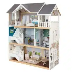 Urban Villa Dollhouse, complete with Accessories is is a large wooden doll house with three floors and an open front. Suitable for dolls up to 12 cm
