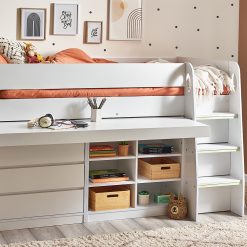 Vespa Midsleeper is an ideal space saving kids bed, featuring lots of storage with cupboards, multiple shelves and a pull out desk.